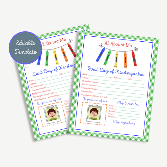 Printable First & Last Day of School “All About Me” Sign – Green Gingham