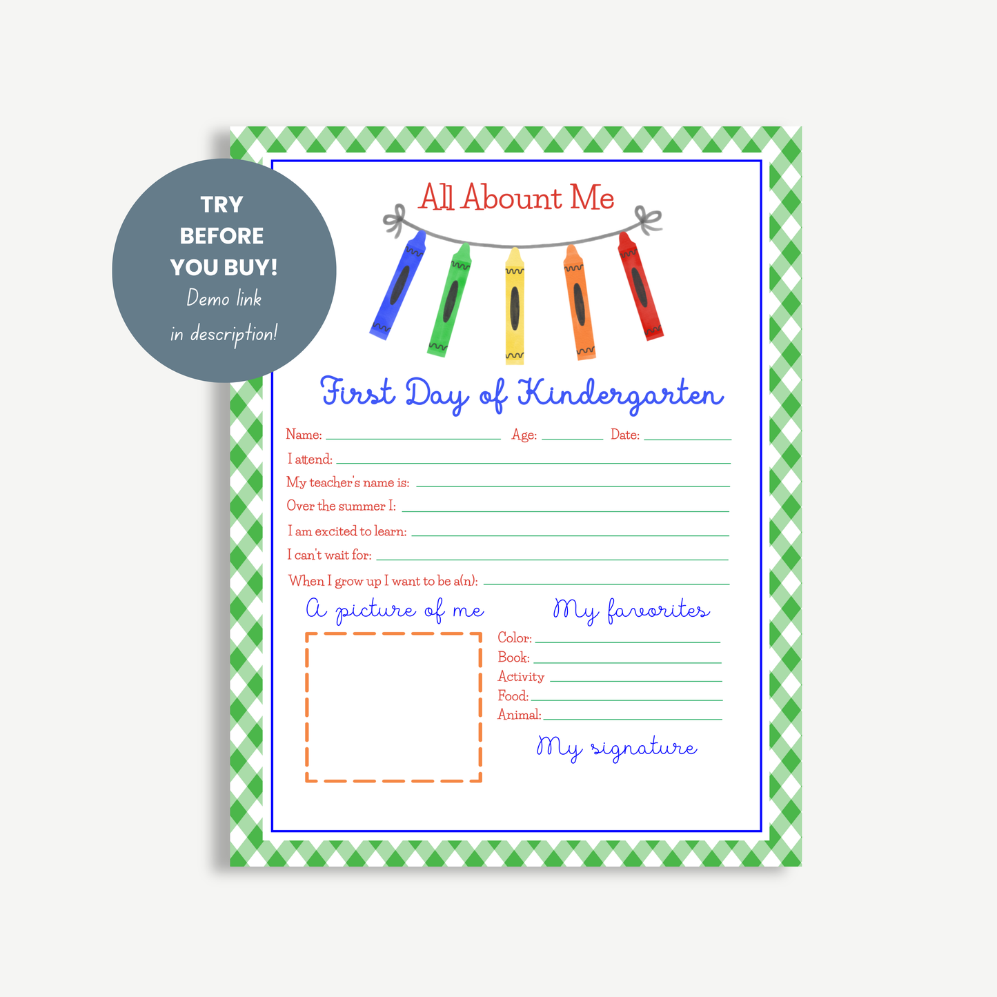 Printable First & Last Day of School “All About Me” Sign – Green Gingham