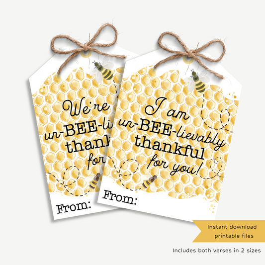 BEE-lievably Thankful Gift Tags – Printable Honeycomb Tags