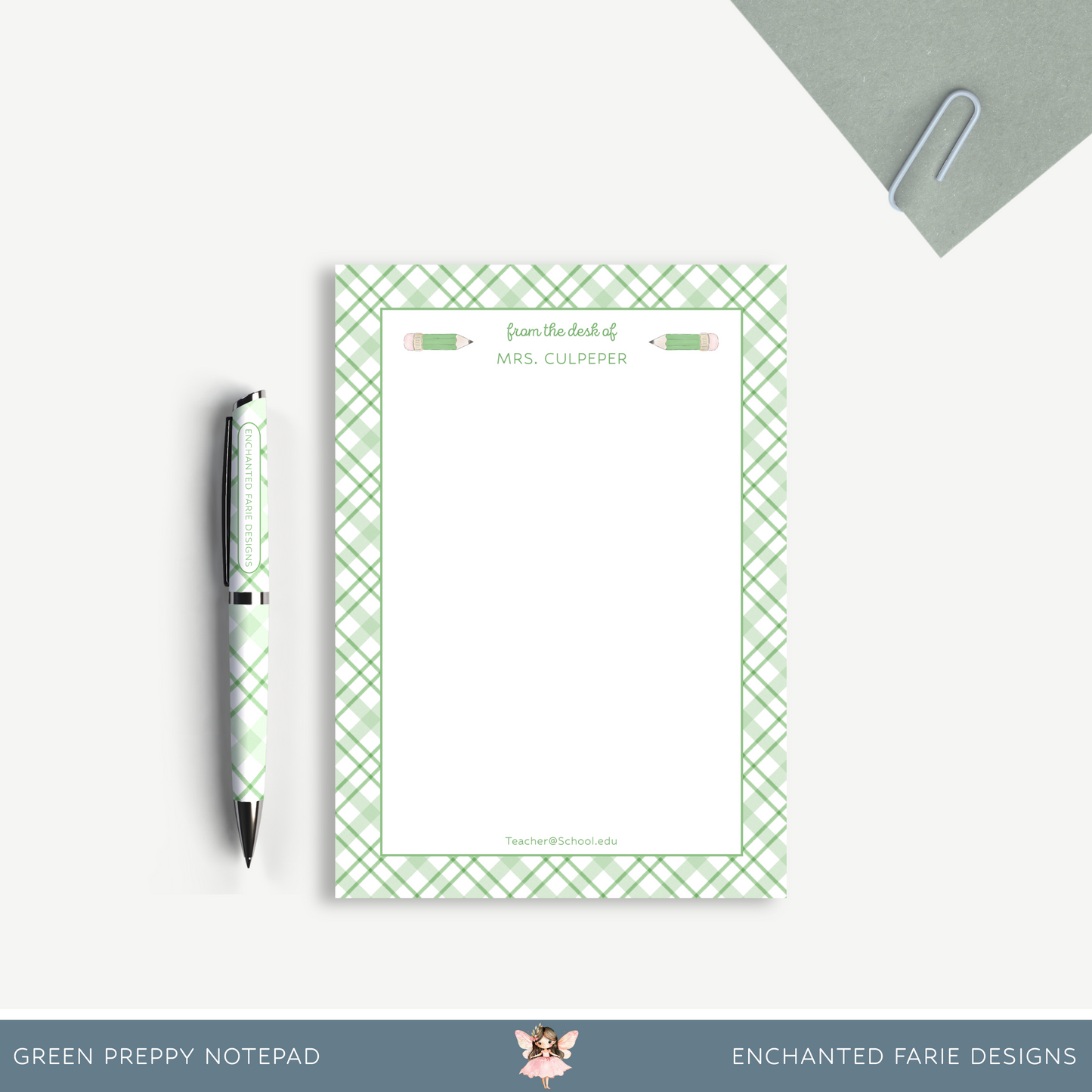 Personalized Teacher Notepad – Green Plaid Pencil
