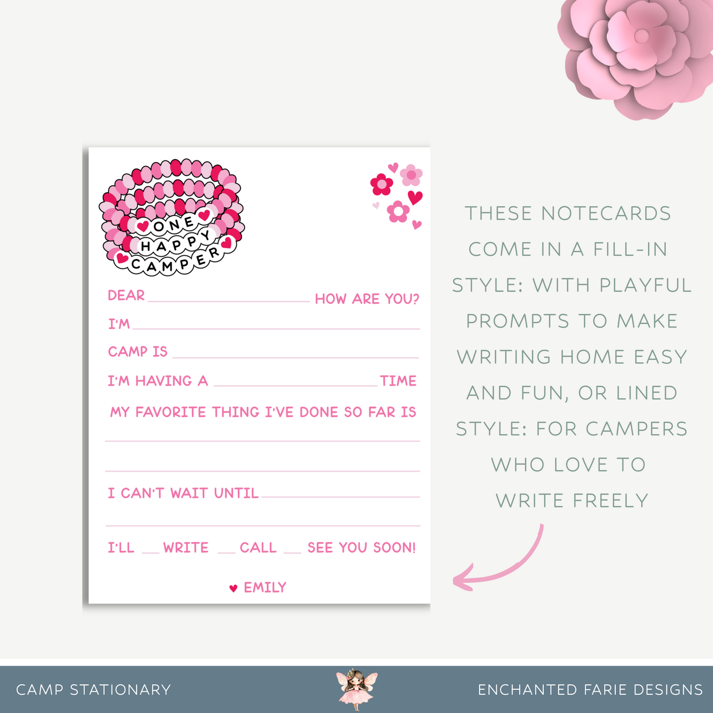 One Happy Camper – Printed Camp Notecard Set for Kids with Envelopes