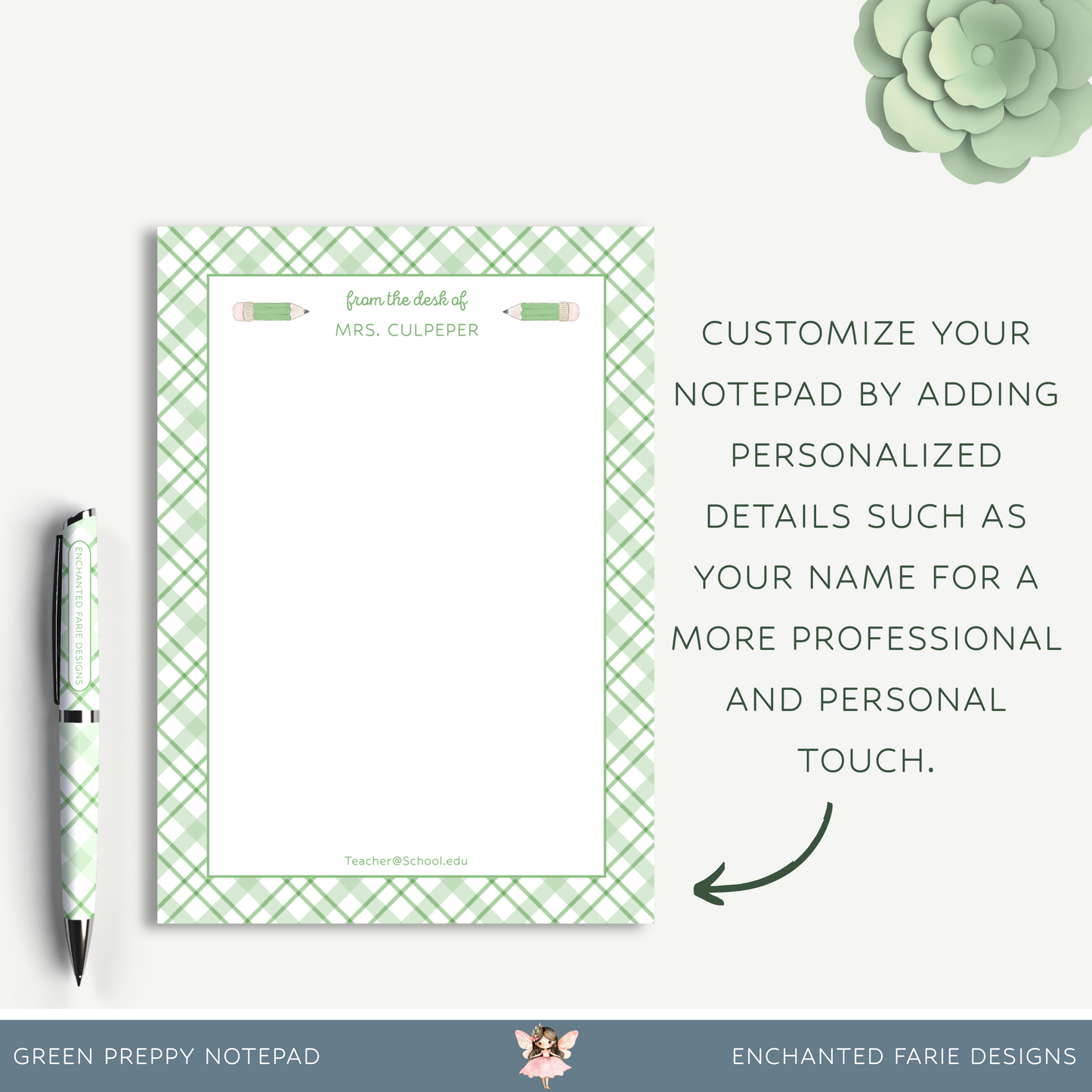 Personalized Teacher Notepad – Green Plaid Pencil