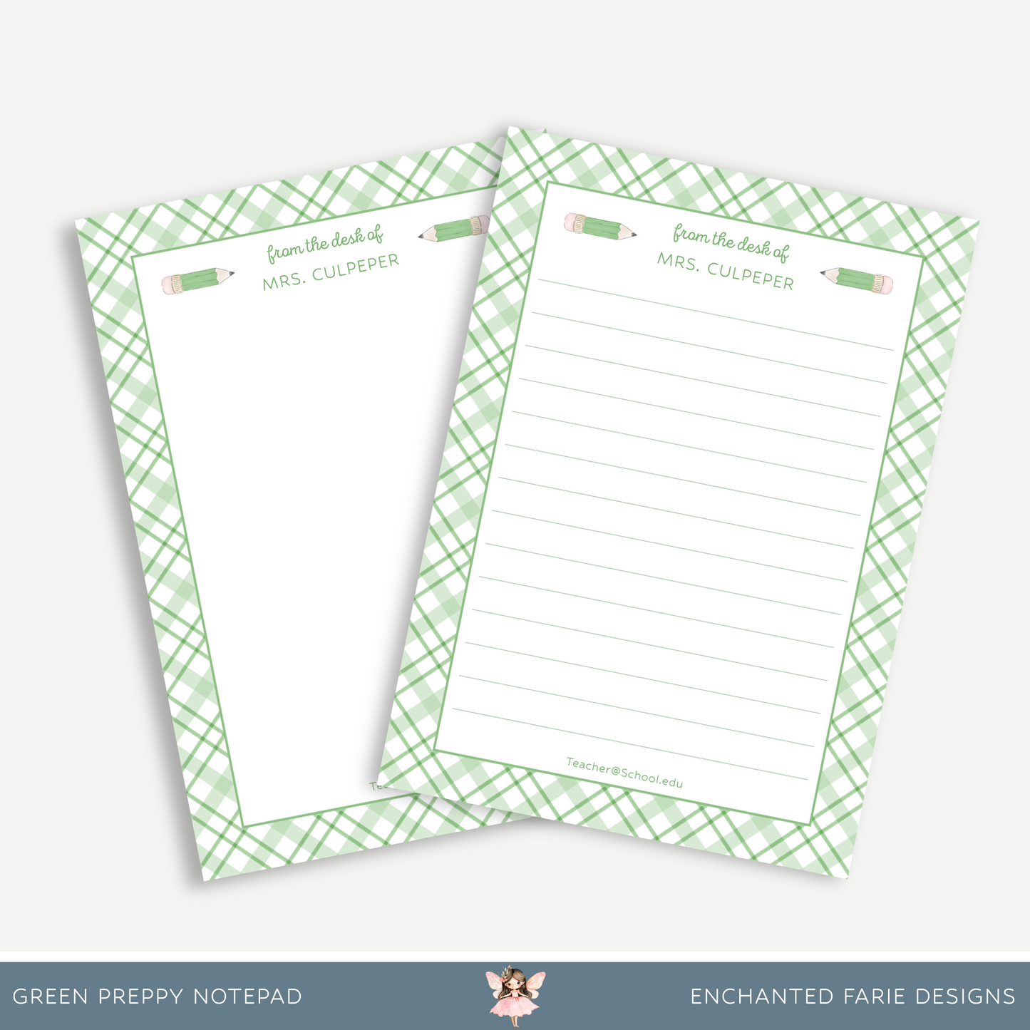 Personalized Teacher Notepad – Green Plaid Pencil