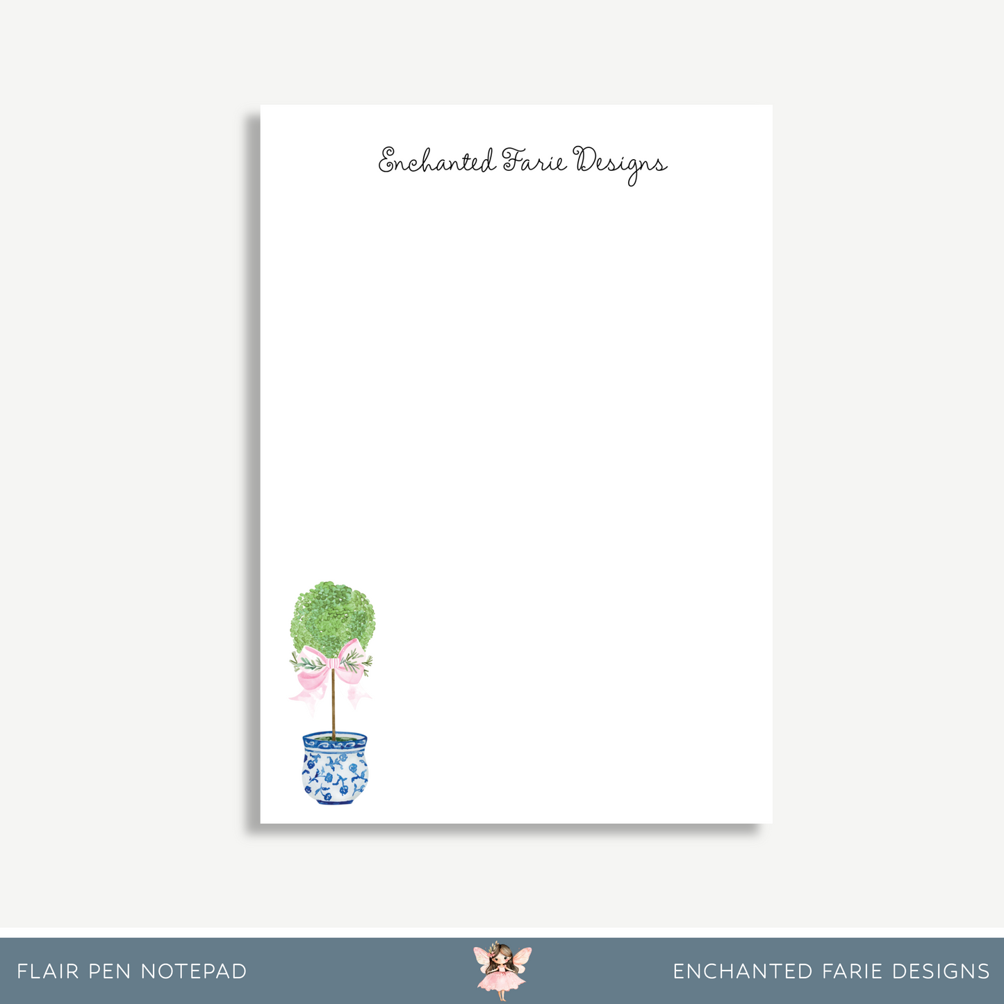 Chinoiserie Topiary Notepad – Elegant Blue & White Stationery with Pink Bow