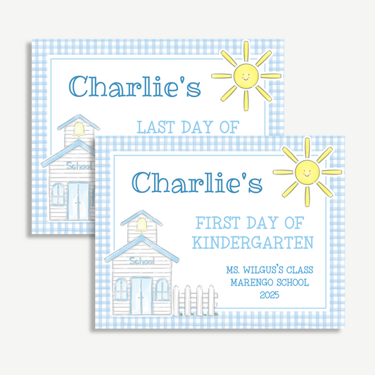 Editable First & Last Day of School Sign – Blue Gingham Schoolhouse