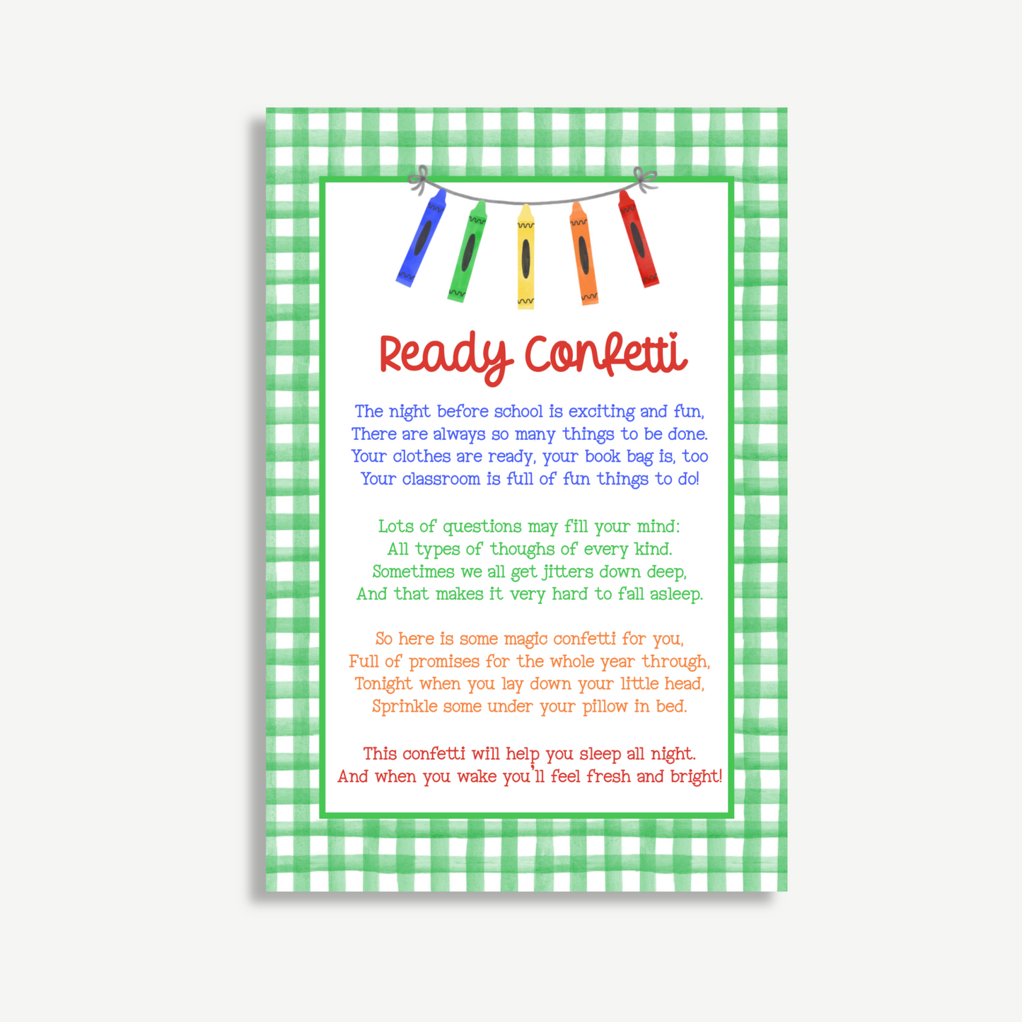 Ready Confetti Printable Poem – First Day of School - Green Gingham