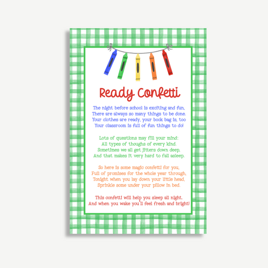 Ready Confetti Printable Poem – First Day of School - Green Gingham