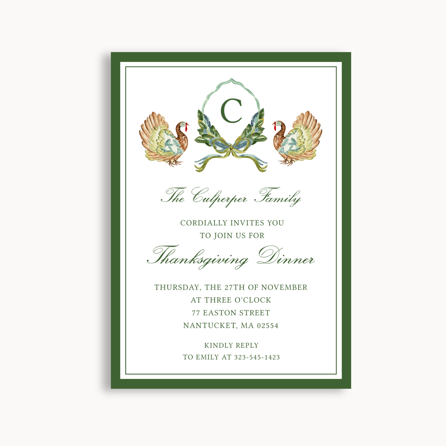 Thanksgiving Dinner Invitation – Elegant Turkeys & Laurel Design 5x7"