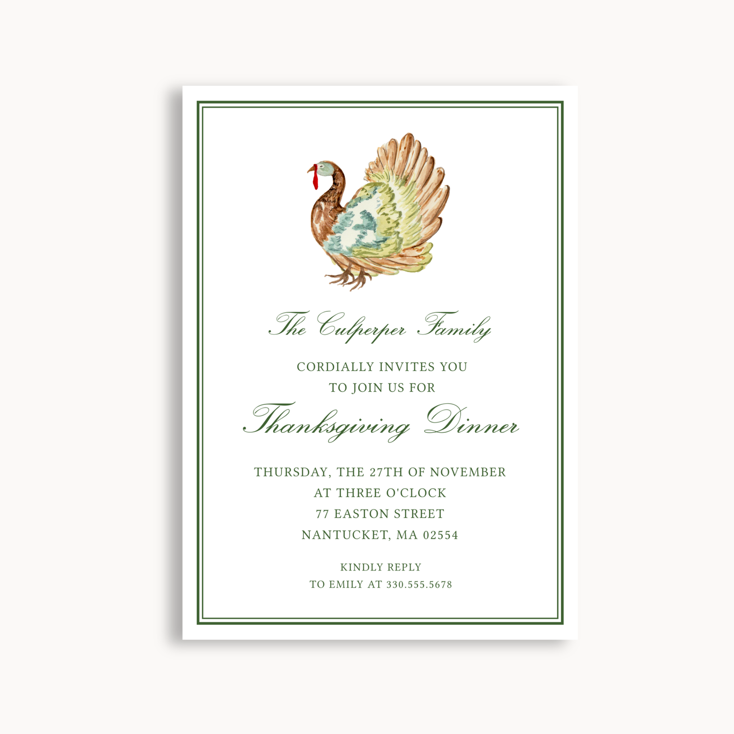 Thanksgiving Dinner Invitation | Elegant Green & Gold Turkey Design | Printable Fall Invite