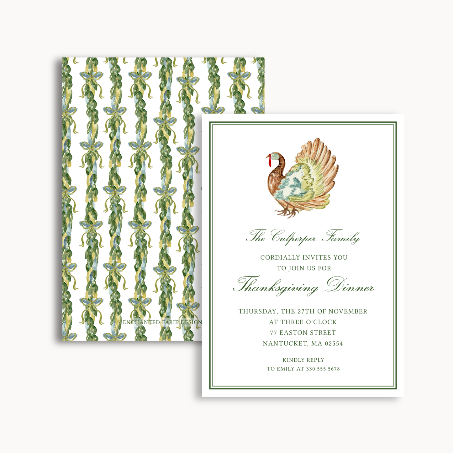 Thanksgiving Dinner Invitation | Elegant Green & Gold Turkey Design | Printable Fall Invite
