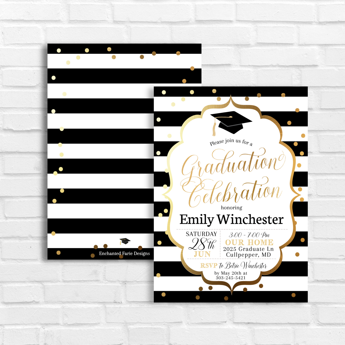 Front_Back black and gold graduation Invitation