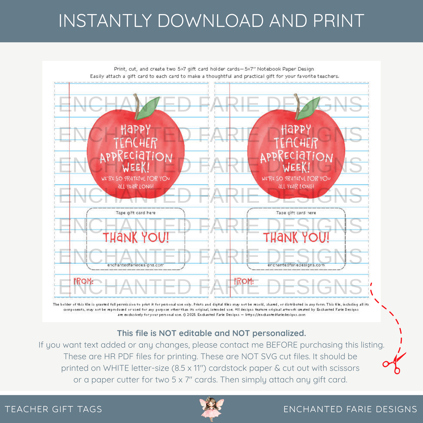 Teacher Appreciation Gift Card 5x7 Printable | Apple Design