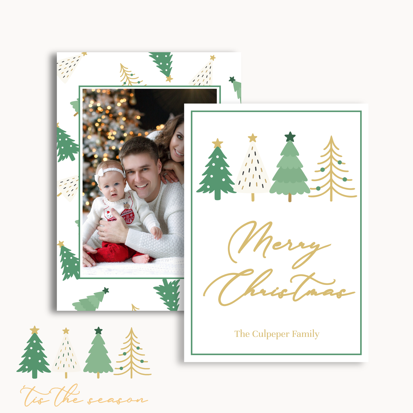 'Tis the Season' Christmas Card Template – Green & Gold Holiday Photo Card 5x7