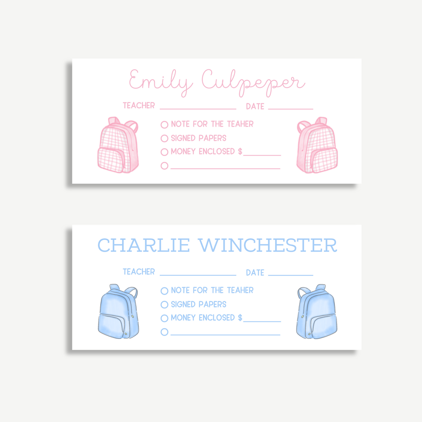 Personalized Printed School Money Envelopes – Pink or Blue Book Bag