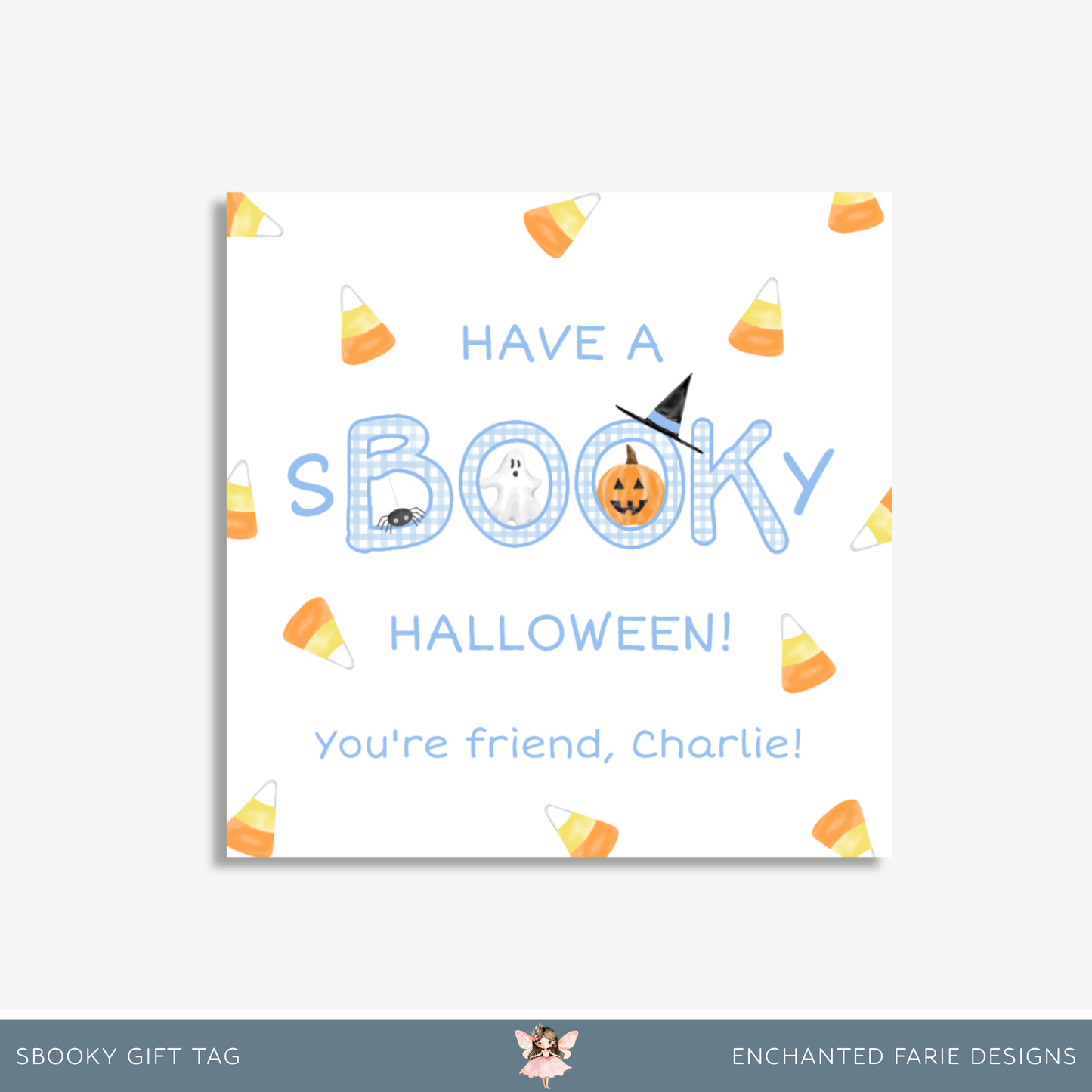 Have a sBOOKy Halloween Gift Tag | Cute Blue Gingham Printable 3x3”