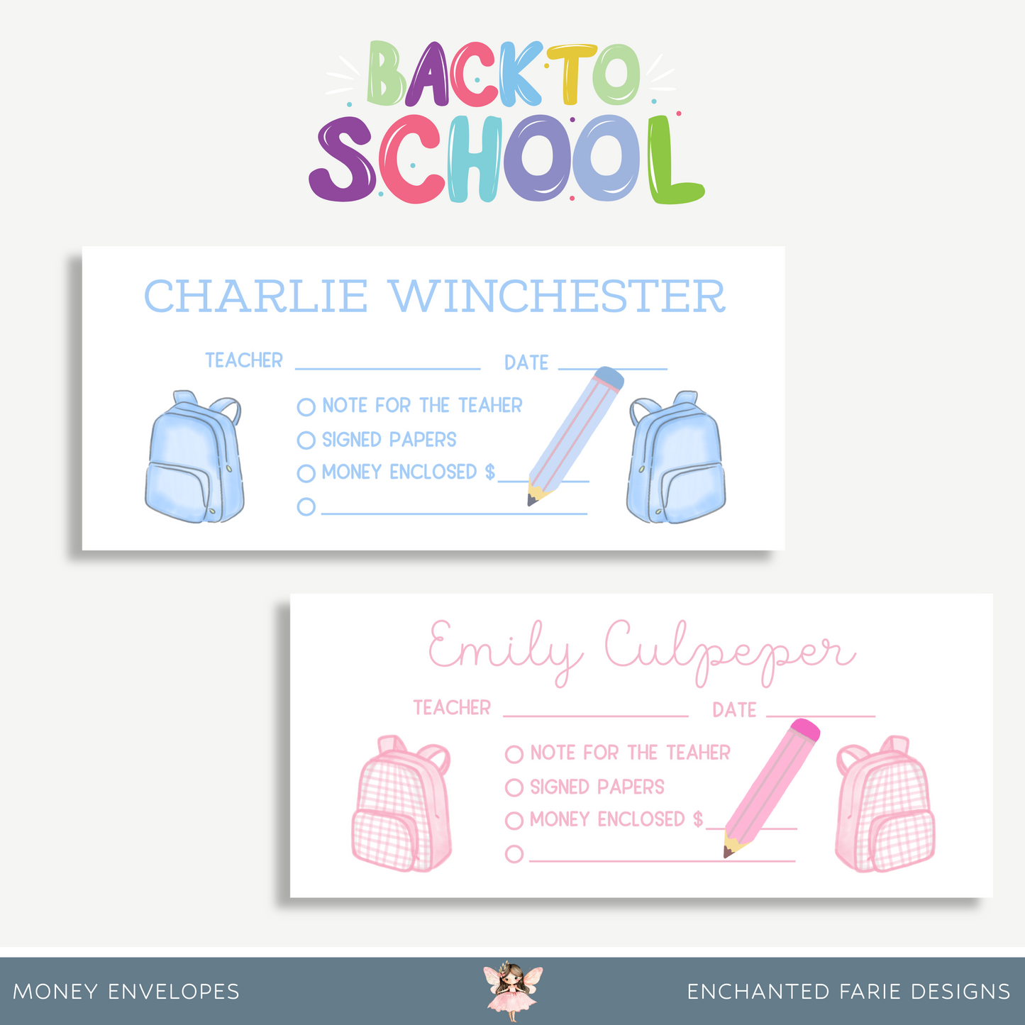 Personalized Printed School Money Envelopes – Pink or Blue Book Bag