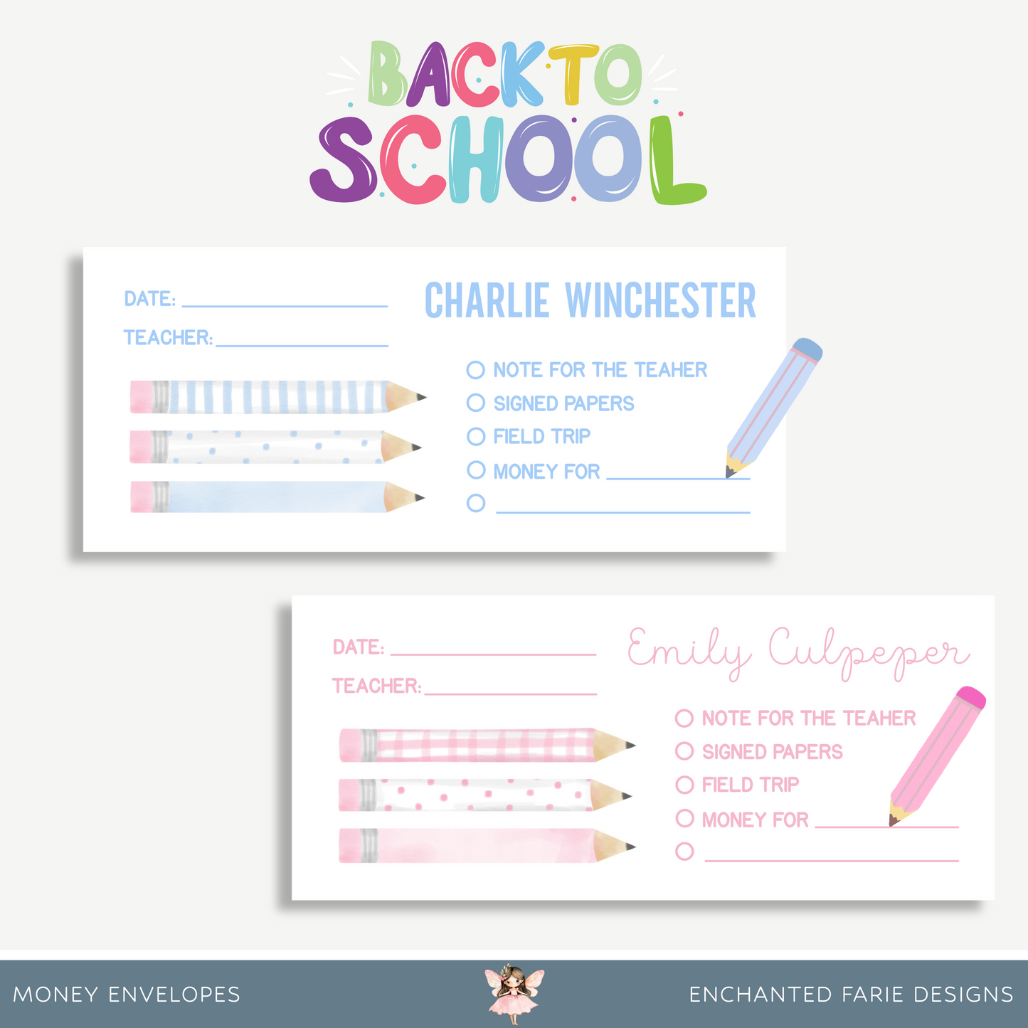 Personalized Printed School Money Envelopes – Pink or Blue Pencil Design