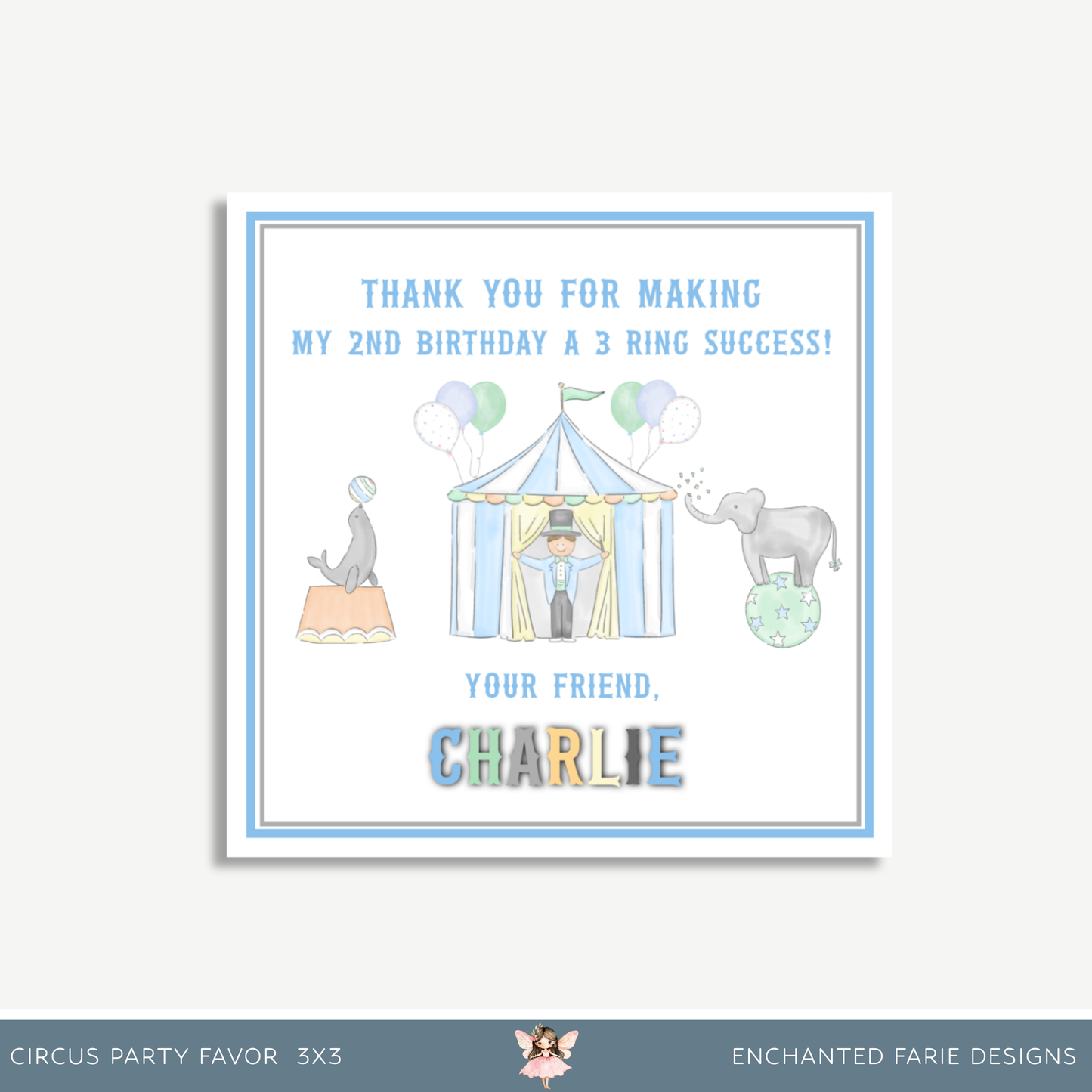 Circus Birthday Favor Tag – 3x3" Printable | Blue Carnival Theme