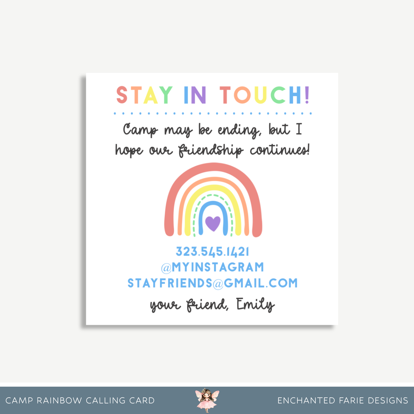 Stay in Touch Camp Card – Printable Rainbow Contact Exchange for Kids