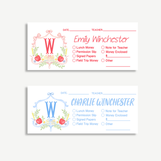 Personalized Printed School Money Envelopes –School Crest Monogram