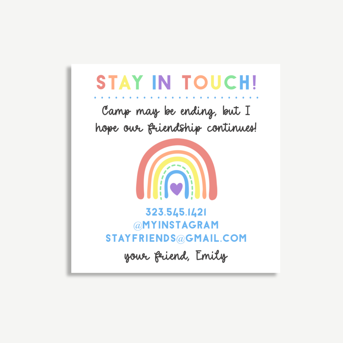 Stay in Touch Camp Card – Printable Rainbow Contact Exchange for Kids