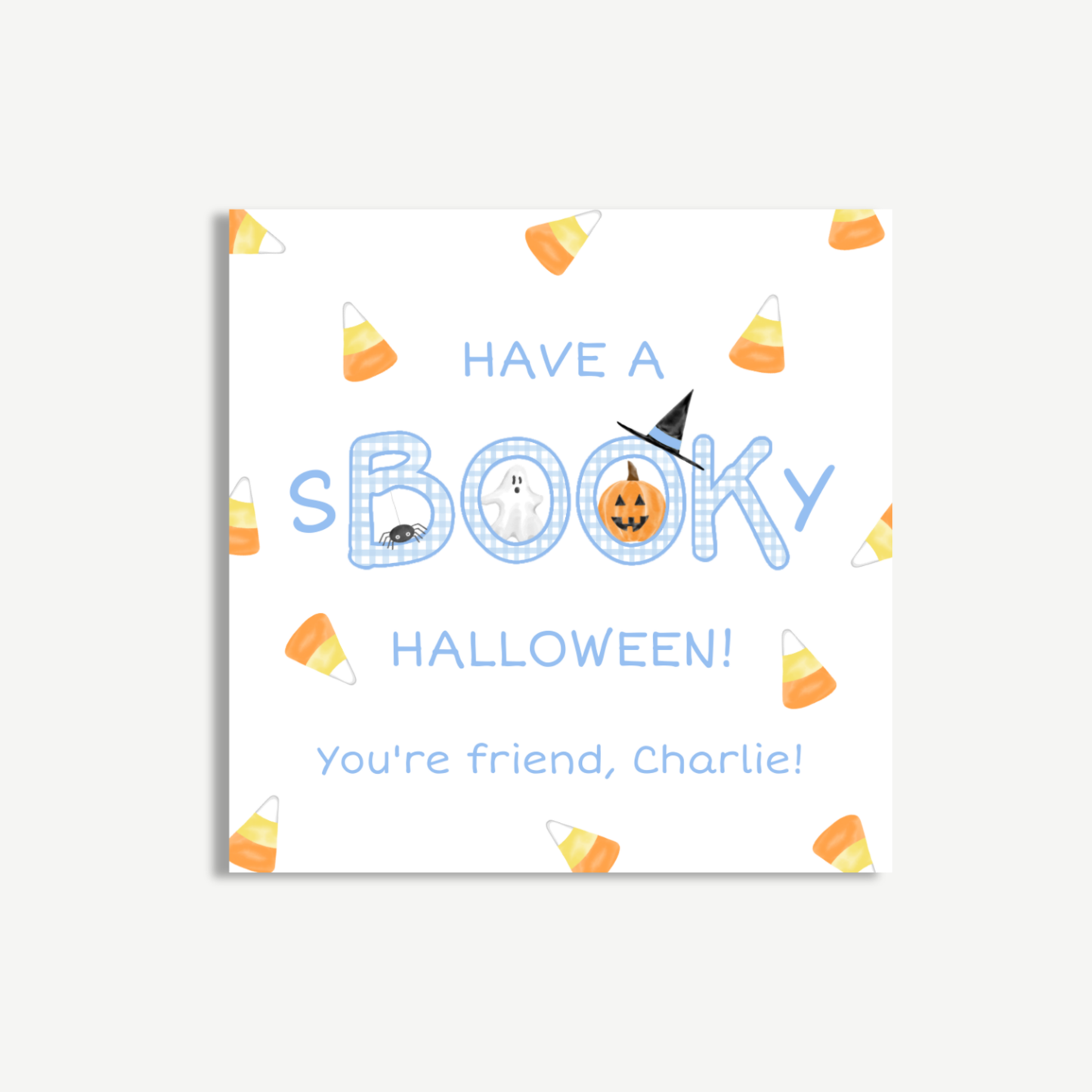 Have a sBOOKy Halloween Gift Tag | Cute Blue Gingham Printable 3x3”