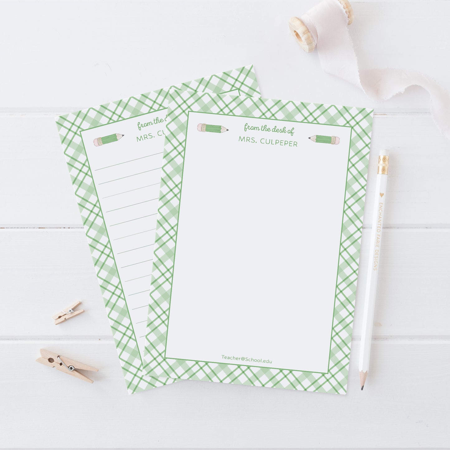 Personalized Teacher Notepad – Green Plaid Pencil