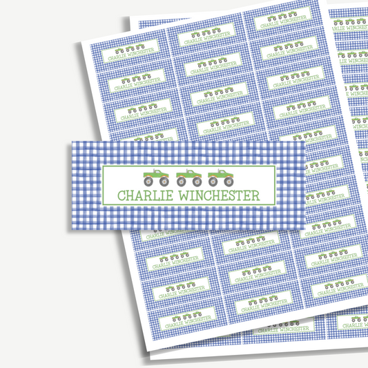 Personalized School Name Labels - Water Resistant - Set of 60  - Green Truck