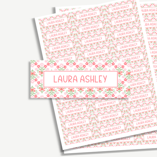 Personalized School Name Labels - Water Resistant - Set of 60 - Red Floral bow