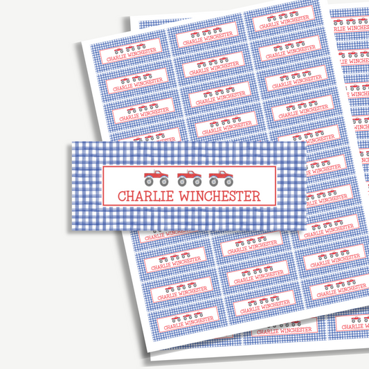 Personalized School Name Labels - Water Resistant - Set of 60 - Red Truck