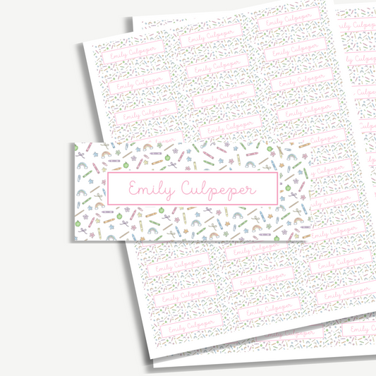 Personalized School Name Labels - Water Resistant - Set of 60 - Pink School Supplies