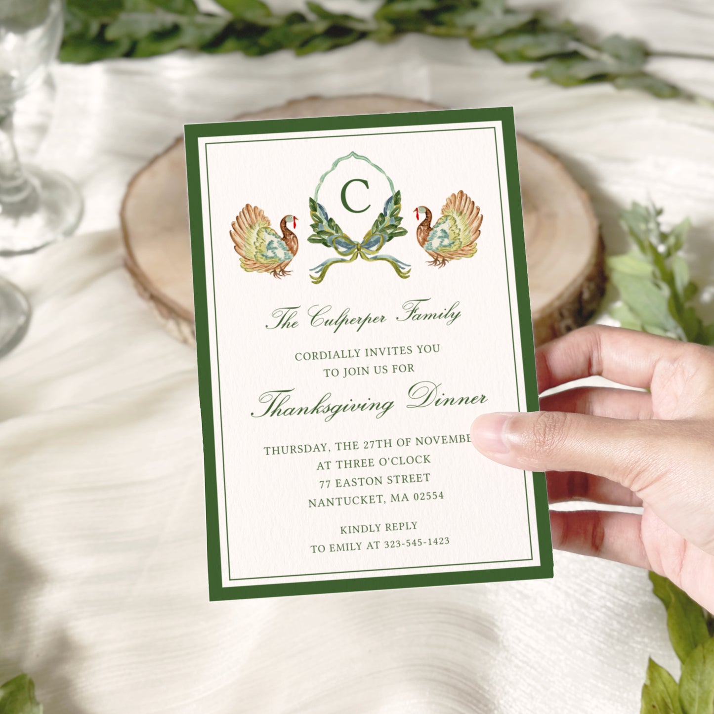 Thanksgiving Dinner Invitation – Elegant Turkeys & Laurel Design 5x7"