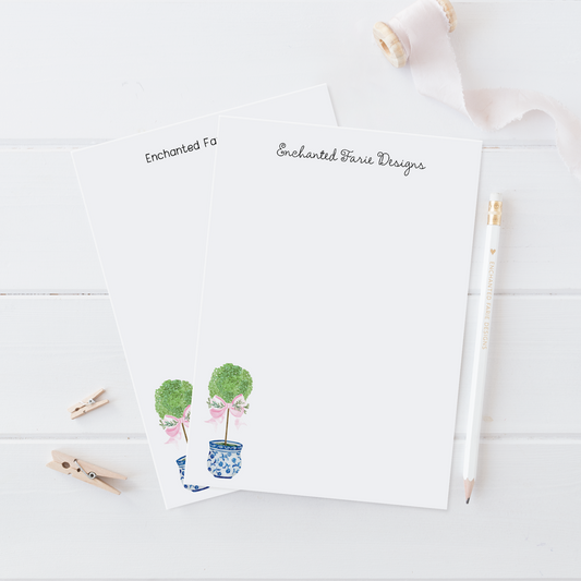 Chinoiserie Topiary Notepad – Elegant Blue & White Stationery with Pink Bow