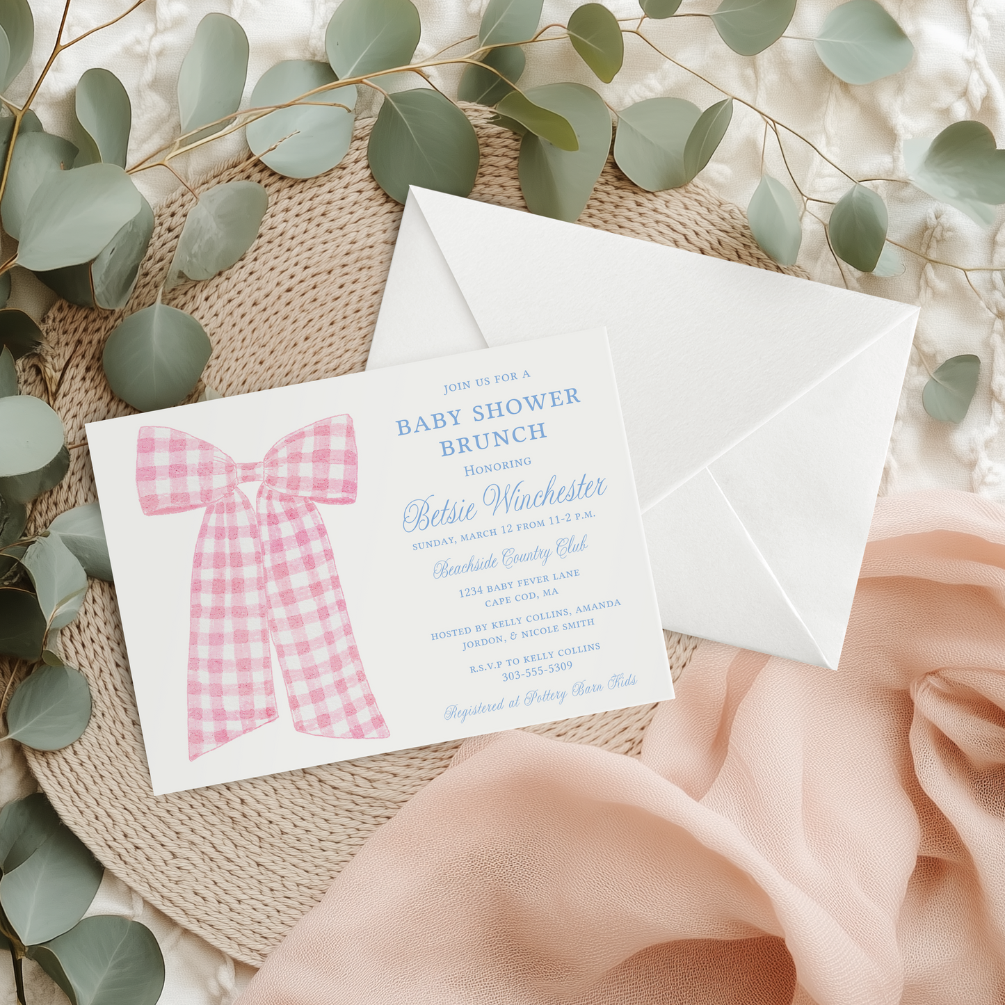 Baby Shower Invitation Large Pink Gingham Bow