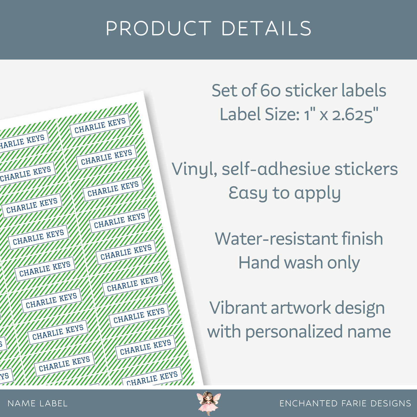 Personalized School Name Labels - Water Resistant - Set of 60 - Green Stripes