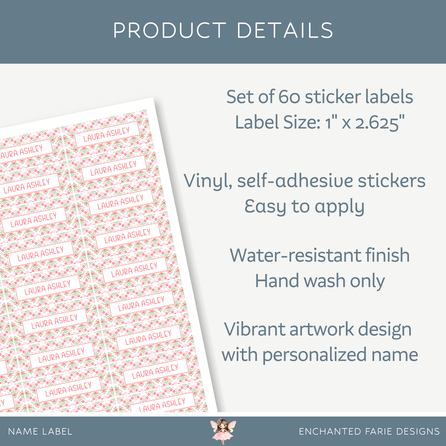 Personalized School Name Labels - Water Resistant - Set of 60 - Red Floral bow