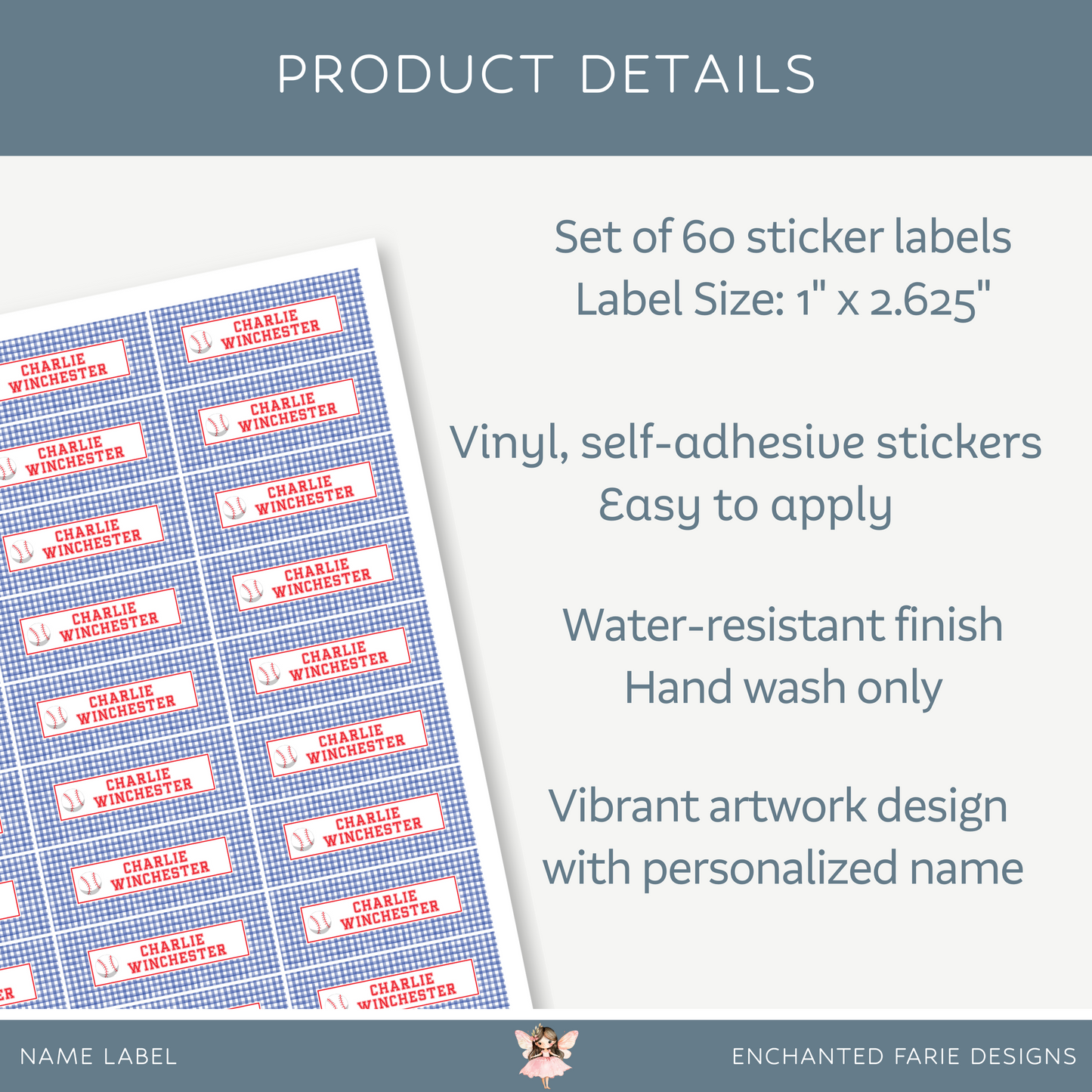 Personalized School Name Labels - Water Resistant - Set of 60 - Baseball