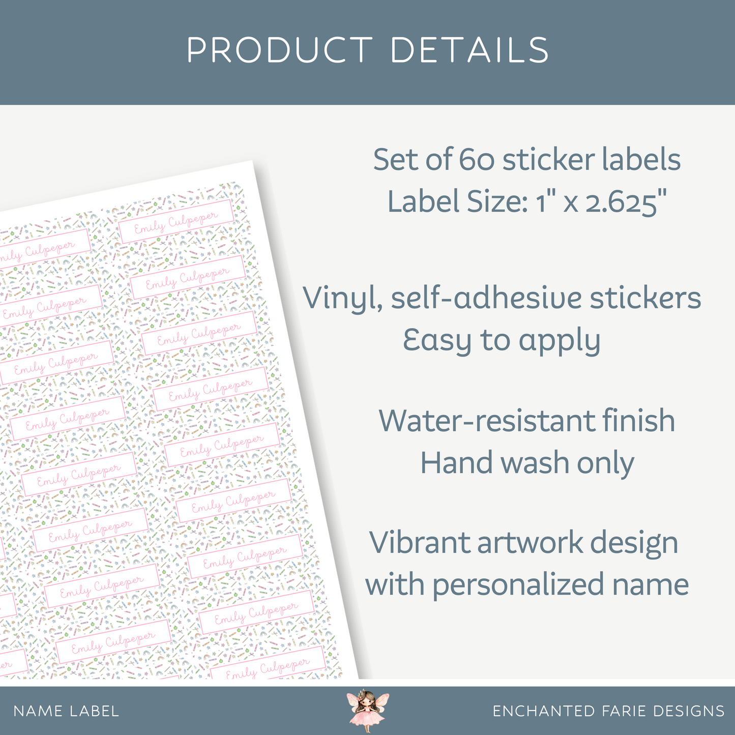 Personalized School Name Labels - Water Resistant - Set of 60 - Pink School Supplies