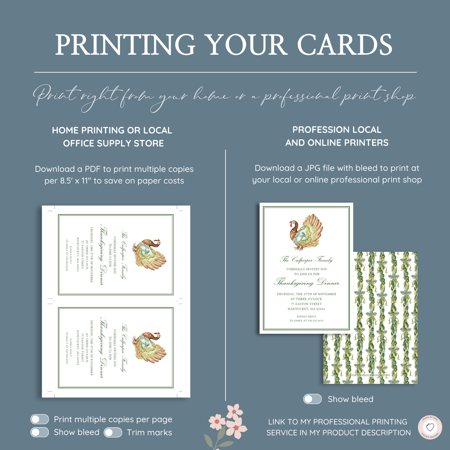 Thanksgiving Dinner Invitation | Elegant Green & Gold Turkey Design | Printable Fall Invite