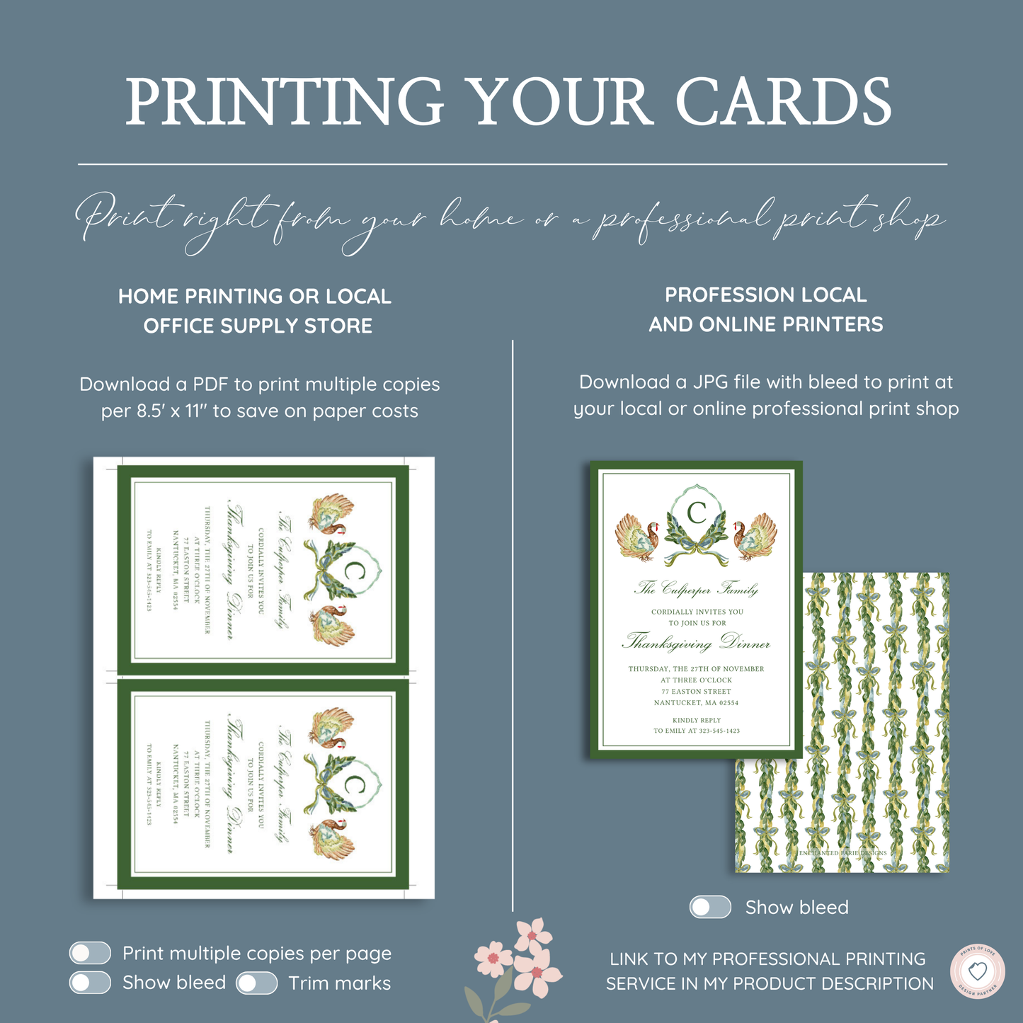 Thanksgiving Dinner Invitation – Elegant Turkeys & Laurel Design 5x7"