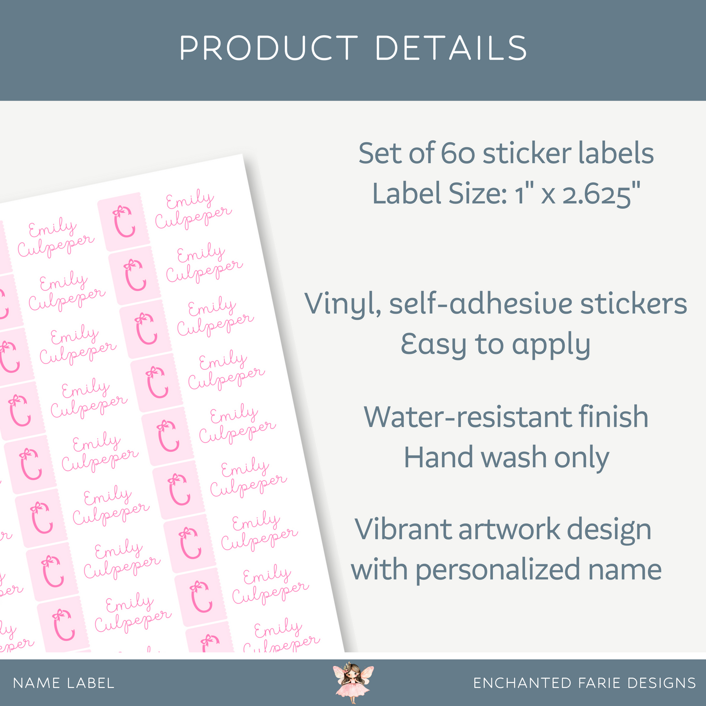 Personalized School Name Labels - Water Resistant - Set of 60 - Bow Monogram