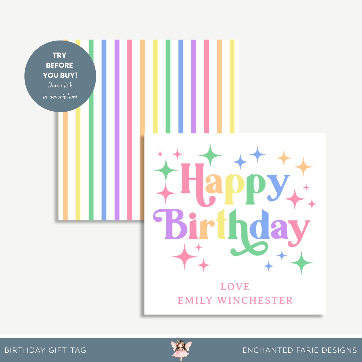 Rainbow Happy Birthday Gift Tag – Printable with 2 Backing Options