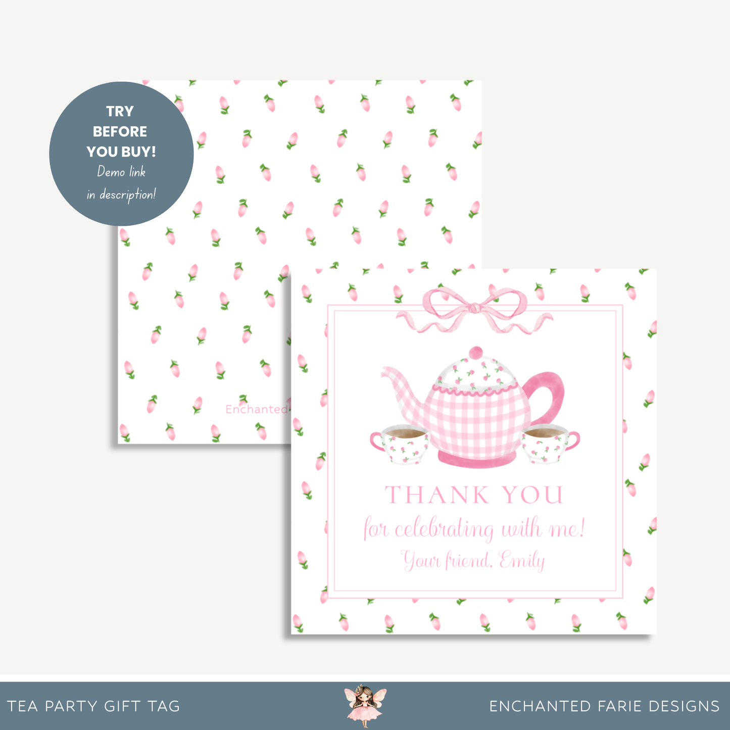 Tea Party Birthday Favor Tag – Printable Pink Gingham 3x3