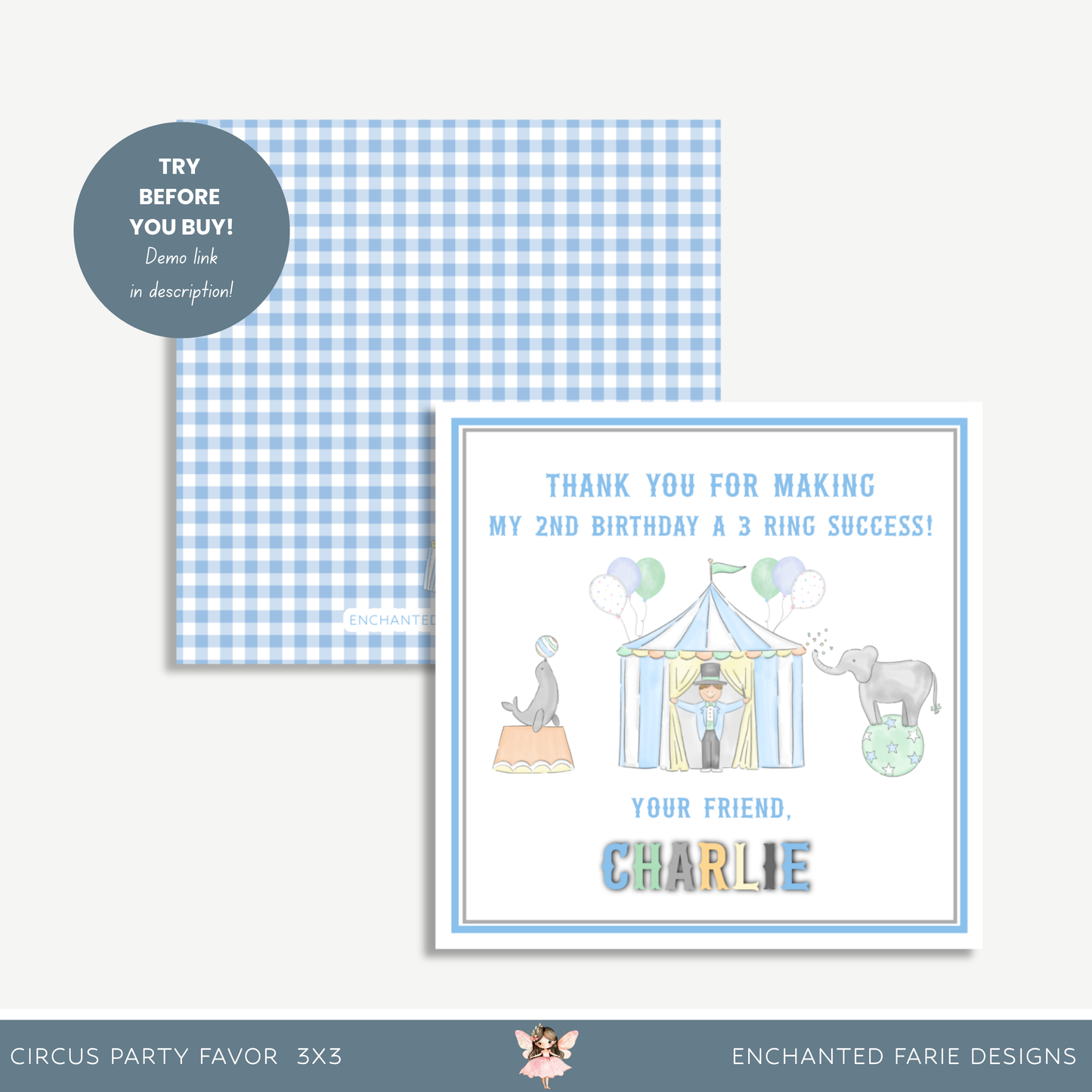 Circus Birthday Favor Tag – 3x3" Printable | Blue Carnival Theme