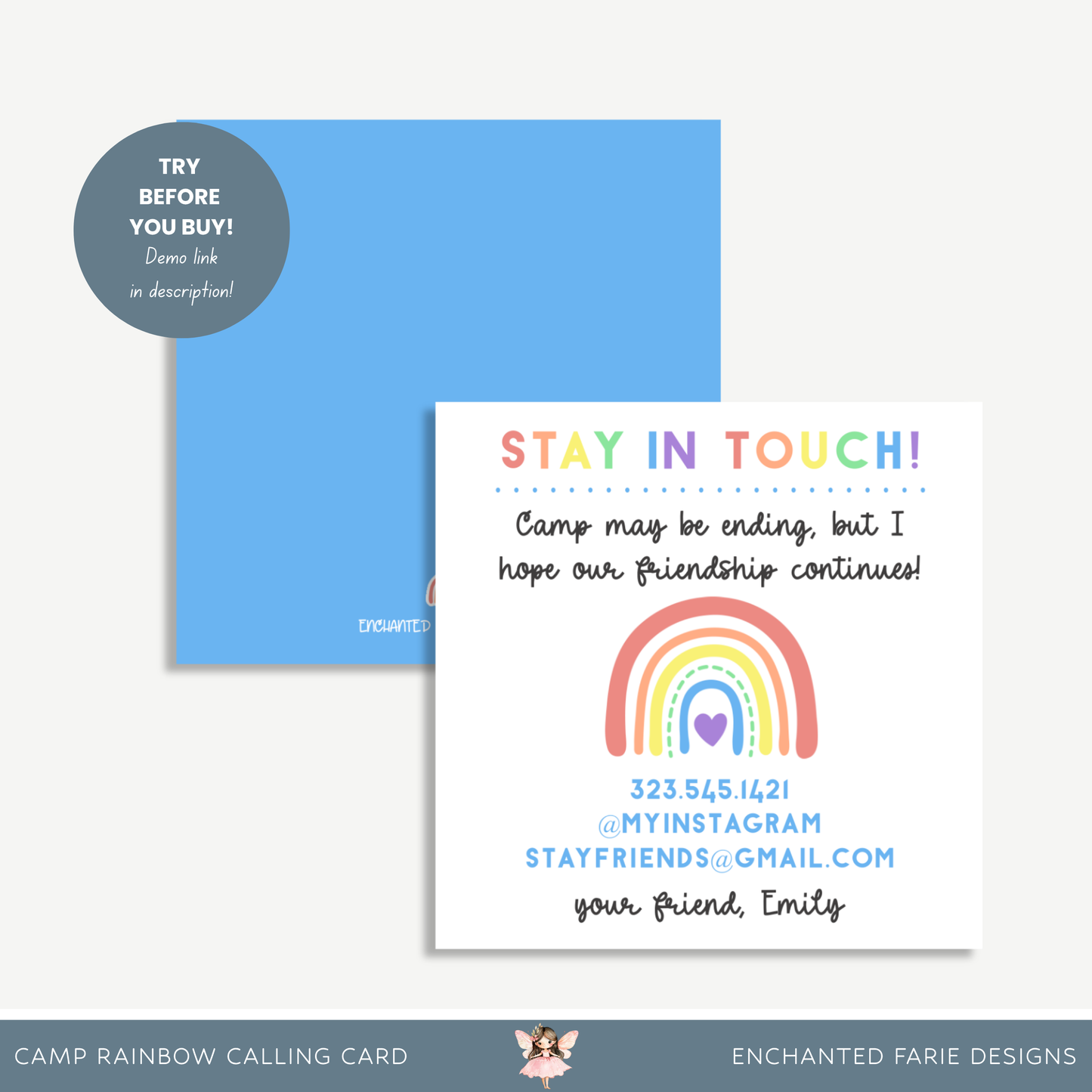 Stay in Touch Camp Card – Printable Rainbow Contact Exchange for Kids