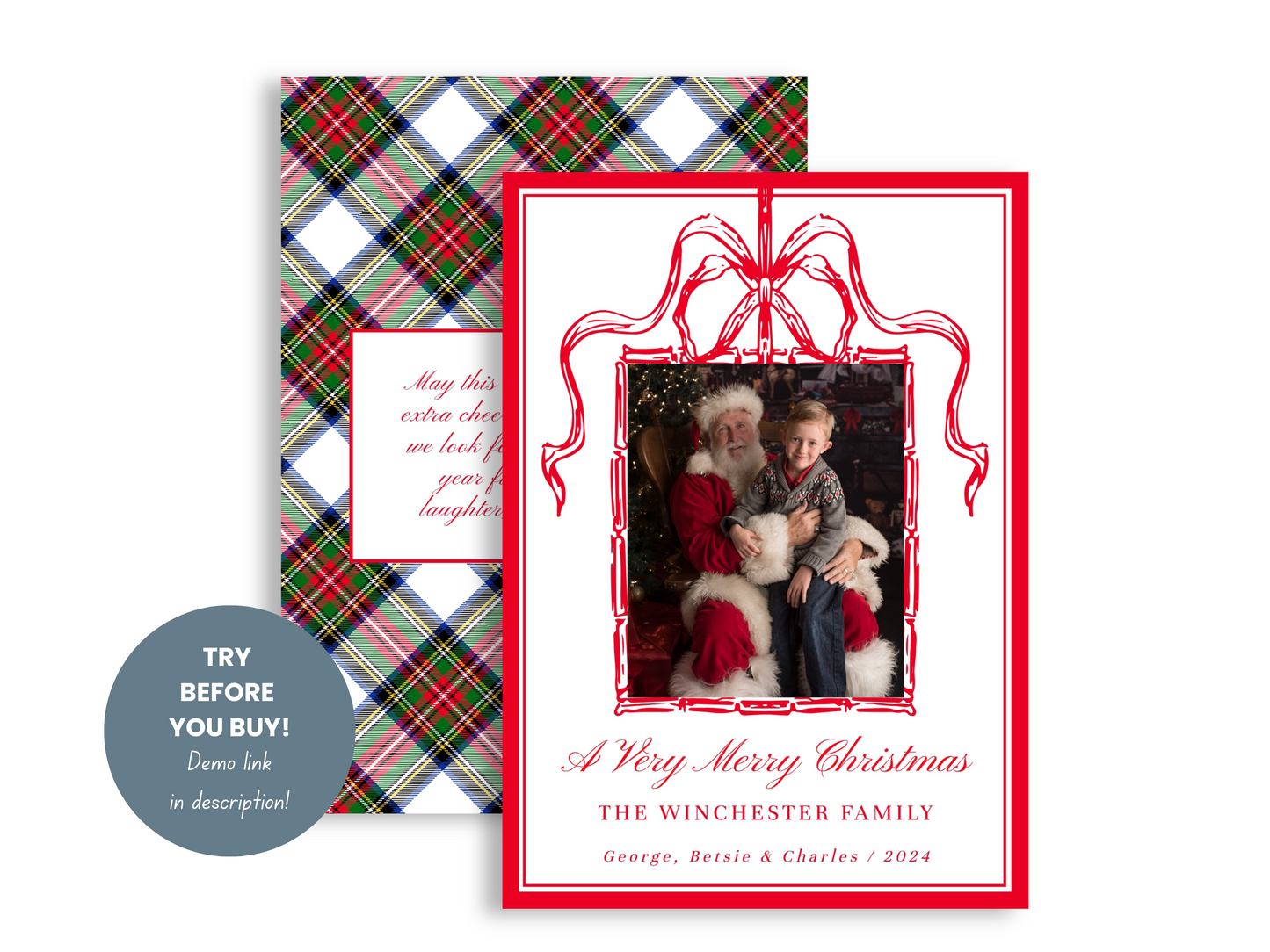 Red Bow Tartan Plaid Photo Christmas Card