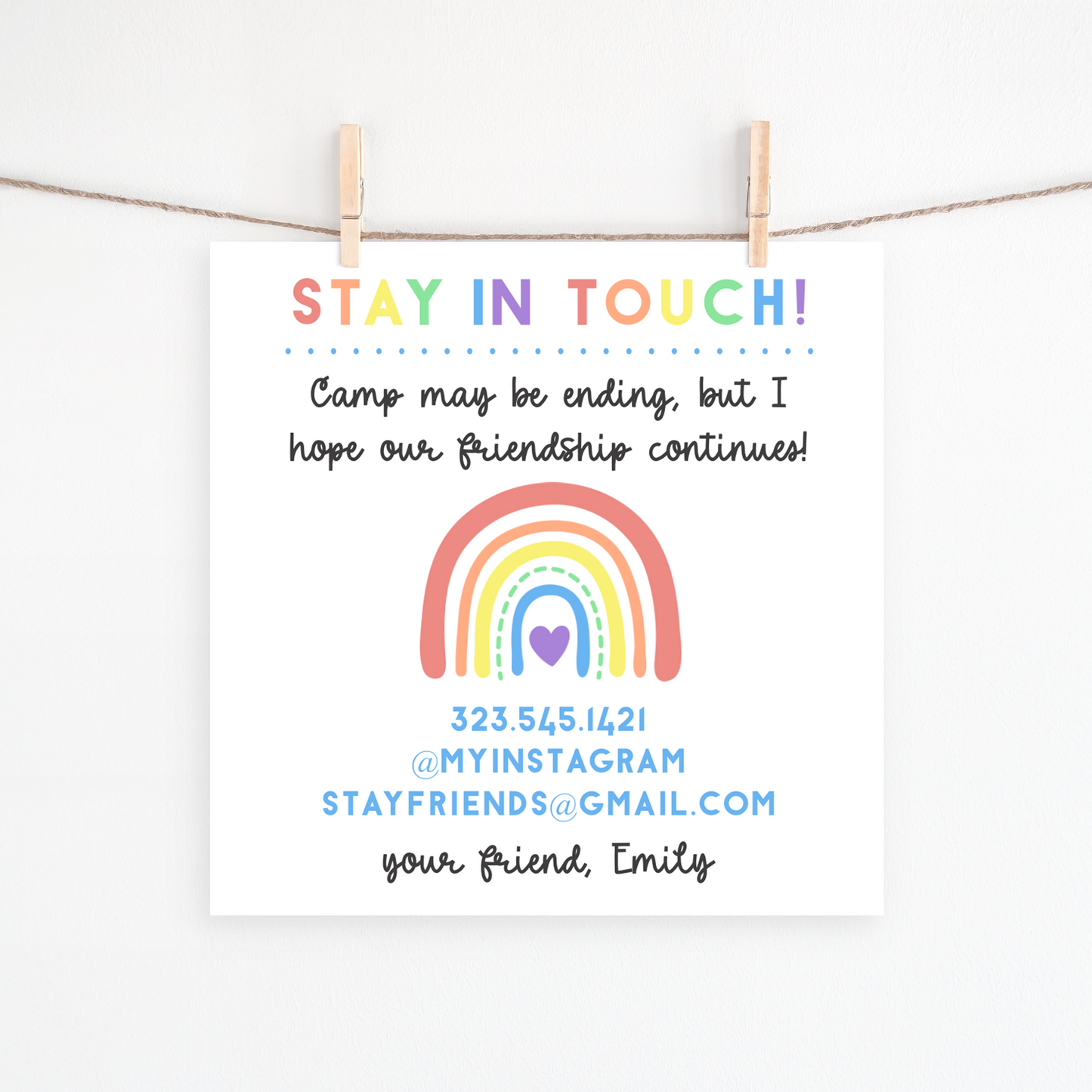 Stay in Touch Camp Card – Printable Rainbow Contact Exchange for Kids