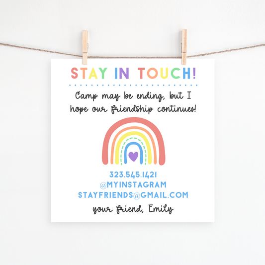 Stay in Touch Camp Card – Printable Rainbow Contact Exchange for Kids