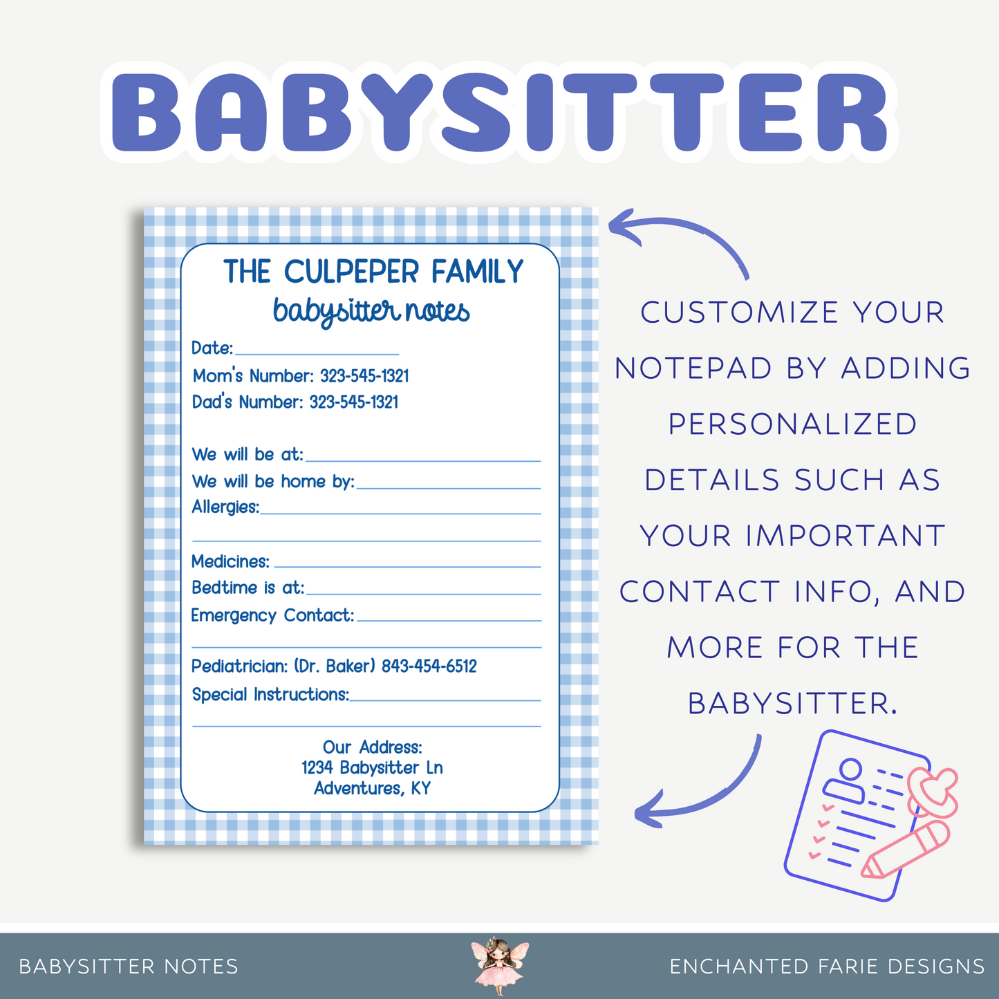 Babysitter Notes Notepad – Personalized 5x7 Pad with Contact & Care Info