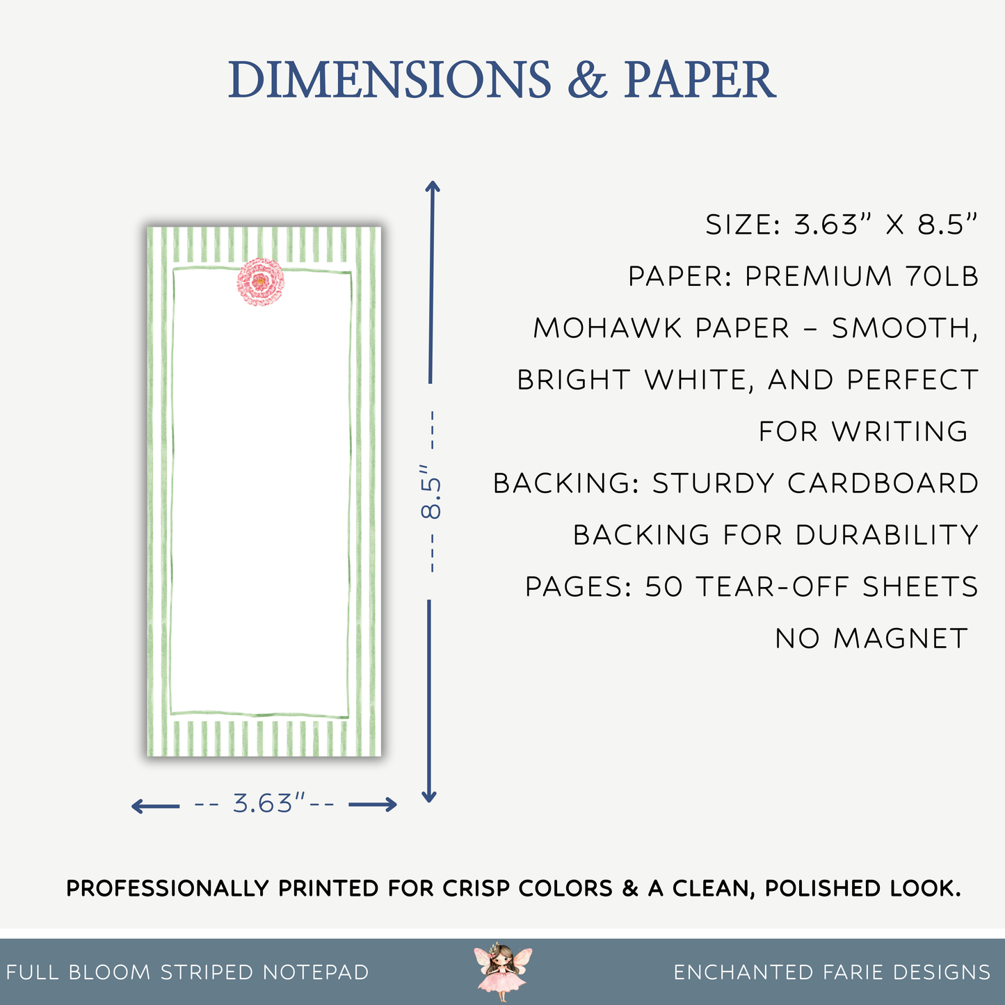 Green Stripe Floral Notepad | Elegant Slim Notepad for Lists, Notes & Gifting
